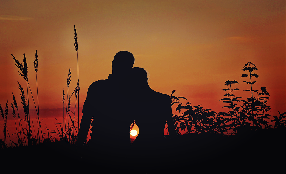 a black silhouette of a couple sitting on a field with a sunset view