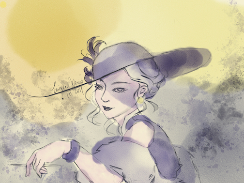 a digital drawing of a woman looking over her shoulder, her left hand holding a pen. She is wearing a broad rimmed hat colored in purple, and a purple dress with a fluffy scarf around her shoulder. The background is yellow with splotches.